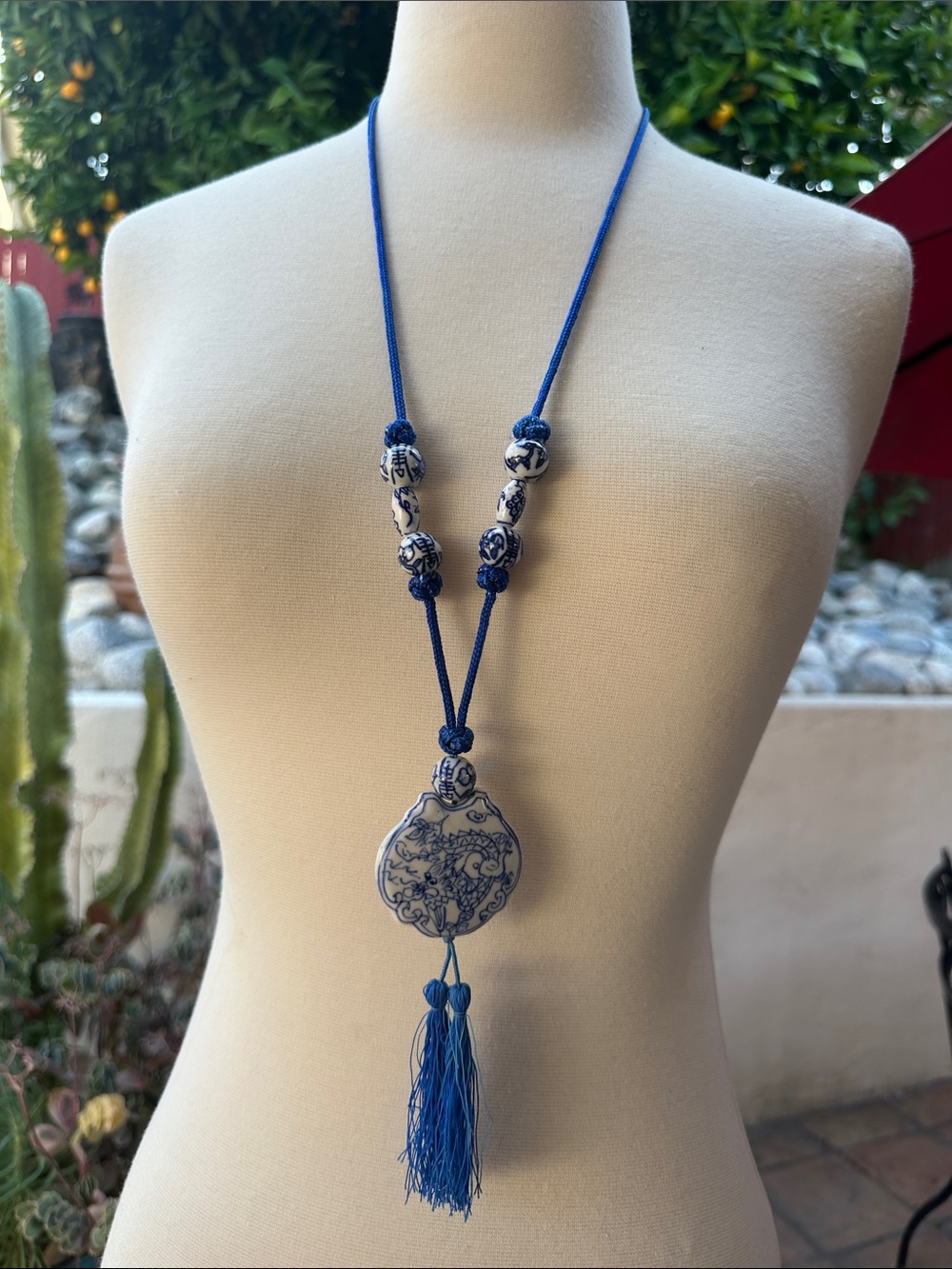 Blue White Porcelain Bead Tassel Necklace - Women Jewelry